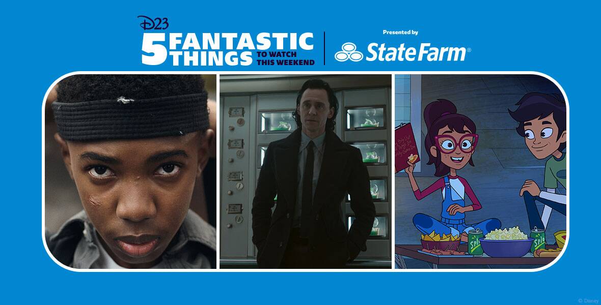 Left: In a still from the Launchpad season 2 short “Black Belts,” KJ Hatton (Seth Carr) is seen tying a black headband around his head. He’s wearing a gray collared shirt. Middle: In an image from the second season of Disney+’s Loki, Tom Hiddleston as the God of Mischief is standing in front of a bank of multiple windowed shelves on a wall, each containing something that appears to be growing. He’s wearing a jacket and a tie. Right: In an image from Disney Branded Television’s Hailey’s On It!, Hailey (voiced by Auli’i Cravalho) is sitting on a roof and holding up a diary-type journal; written on the cover are the words “My Big List of Things I’m Totally Gonna Do.” Hailey is wearing blue jean overalls, a red and white long-sleeved top, and red glasses.