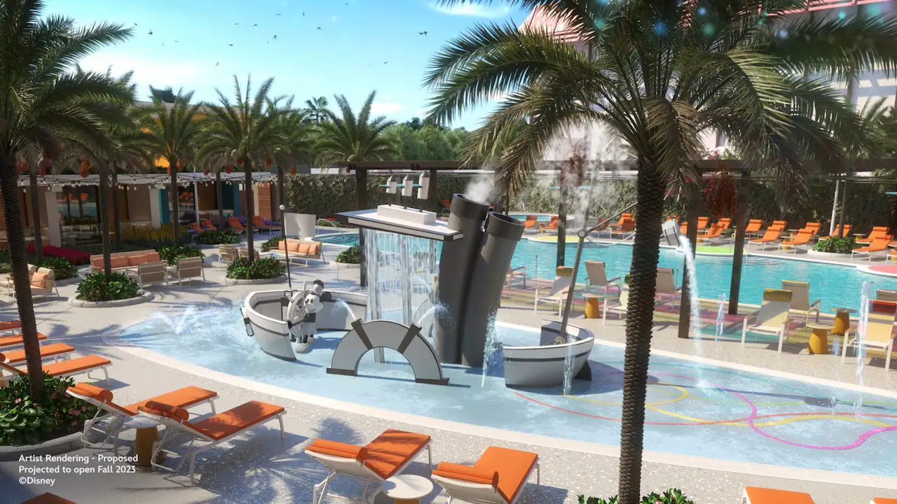 New Look at Steamboat Willie Splash Pad at The Villas at Disneyland Hotel