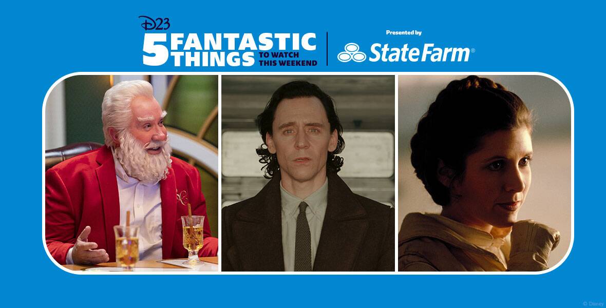 Left: In an image from Disney+’s The Santa Clauses season 2, Scott Calvin, a.k.a. Santa Claus (Disney Legend Tim Allen) sits at a table in a red suit, with a cup of cider in front of him. He is smiling. Right: In an image from Marvel Studios’ Loki, the God of Mischief (Tom Hiddleston) is standing in a room at the TVA, staring forward; a fairly bright light is shining on his face. Left: In an image from Lucasfilm’s Star Wars: The Empire Strikes Back, Princess Leia (Disney Legend Carrie Fisher) is seen half in shadow, looking at someone off camera to the right. Her hair is in braids that form an iconic crown style around her head, and her chin is lightly resting on her gloved hand.