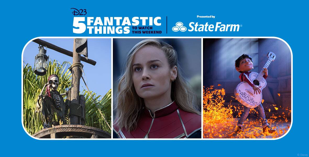 Left: In an image from season 2 of Disney+ Behind the Attraction, a skeleton looking into a spyglass is seen in a pirate ship’s lookout as part of the Pirates of the Caribbean attraction. Middle: In an image from Marvel Studios’ The Marvels, Captain Marvel (Brie Larson) is seen in her usual Super Hero suit, looking seriously at something off-camera and to the left. Right: In an image from Disney and Pixar’s Coco, Miguel (voiced by Anthony Gonzalez) is seen playing a white guitar and smiling broadly. Glowing leaves and petals swirl up around him.
