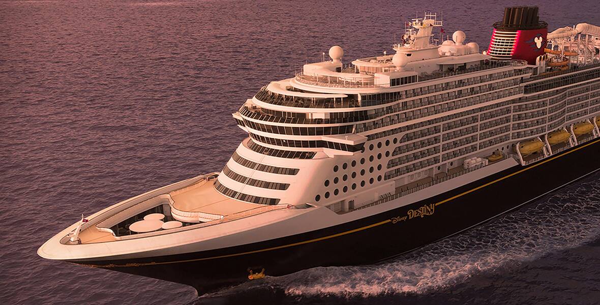 oncept art shows the Disney Destiny ship sailing in the ocean.