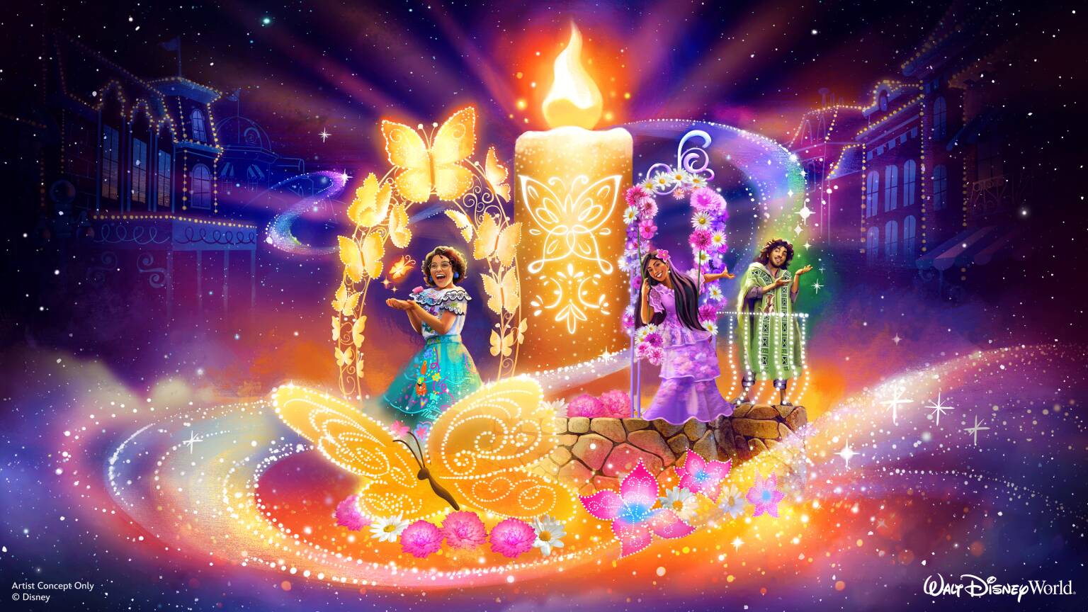 Concept art of the Encanto float from Disney Starlight Parade, featuring the Madrigal family and their enchanted casita brought to life with vibrant lights and magical details